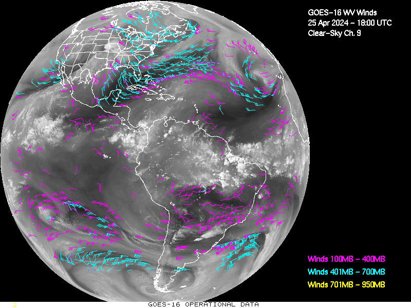 GOES-16 Clear Sky WV Channel 9 Derived Winds - Full Disk - 04/25/2024 - 1800 GMT