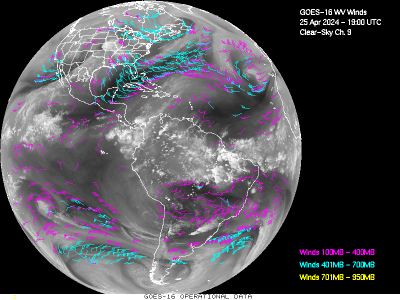 GOES-16 Clear Sky WV Channel 9 Derived Winds - Full Disk - 04/25/2024 - 1900 GMT