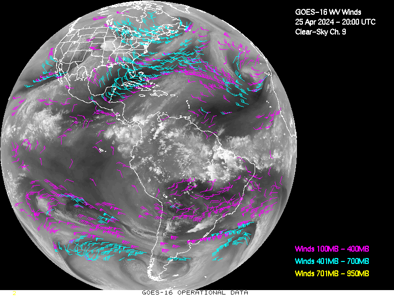 GOES-16 Clear Sky WV Channel 9 Derived Winds - Full Disk - 04/25/2024 - 2000 GMT