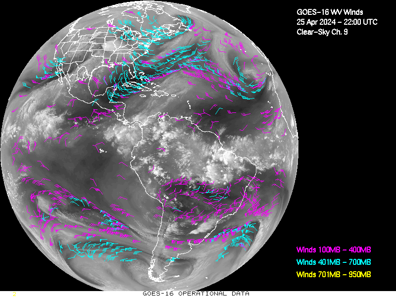 GOES-16 Clear Sky WV Channel 9 Derived Winds - Full Disk - 04/25/2024 - 2200 GMT