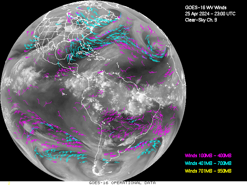 GOES-16 Clear Sky WV Channel 9 Derived Winds - Full Disk - 04/25/2024 - 2300 GMT