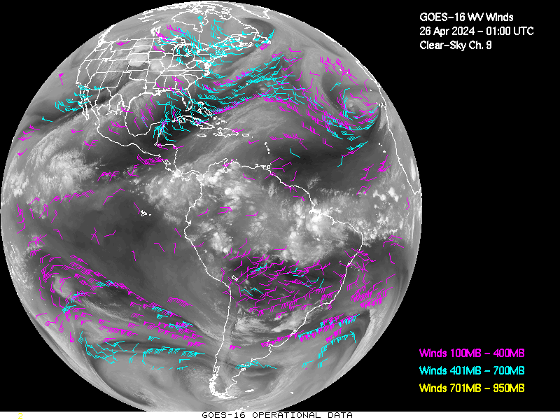 GOES-16 Clear Sky WV Channel 9 Derived Winds - Full Disk - 04/26/2024 - 0100 GMT