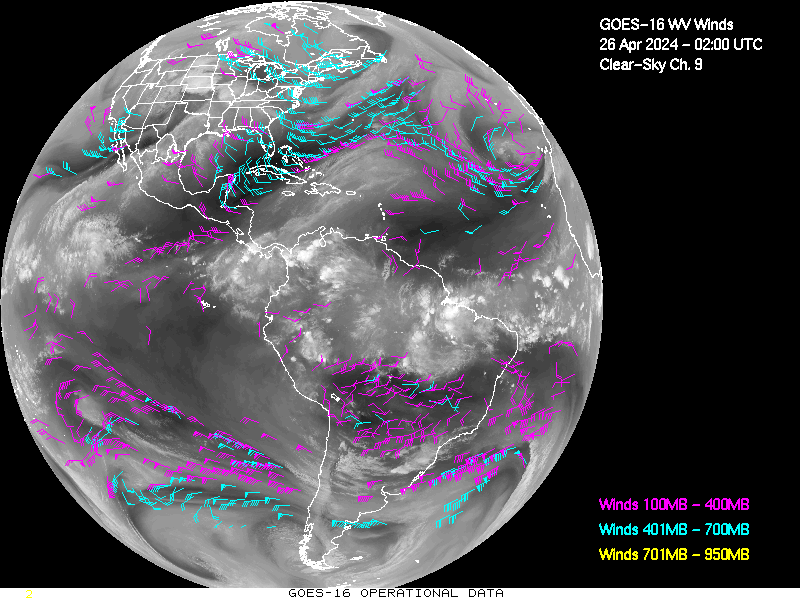 GOES-16 Clear Sky WV Channel 9 Derived Winds - Full Disk - 04/26/2024 - 0200 GMT