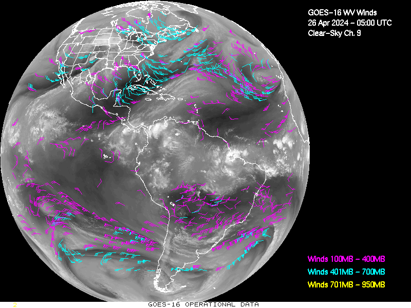 GOES-16 Clear Sky WV Channel 9 Derived Winds - Full Disk - 04/26/2024 - 0500 GMT