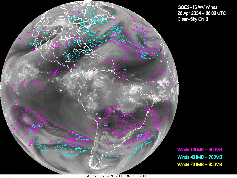 GOES-16 Clear Sky WV Channel 9 Derived Winds - Full Disk - 04/26/2024 - 0600 GMT