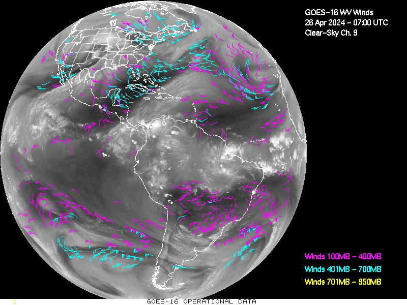 GOES-16 Clear Sky WV Channel 9 Derived Winds - Full Disk - 04/26/2024 - 0700 GMT