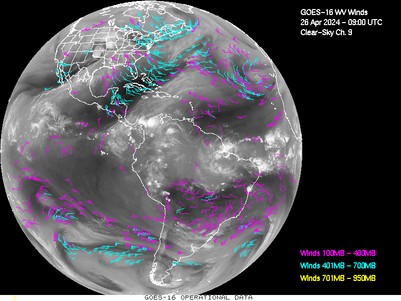 GOES-16 Clear Sky WV Channel 9 Derived Winds - Full Disk - 04/26/2024 - 0900 GMT
