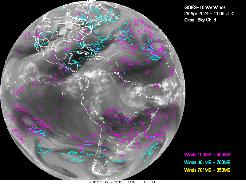 GOES-16 Clear Sky WV Channel 9 Derived Winds - Full Disk - 04/26/2024 - 1100 GMT
