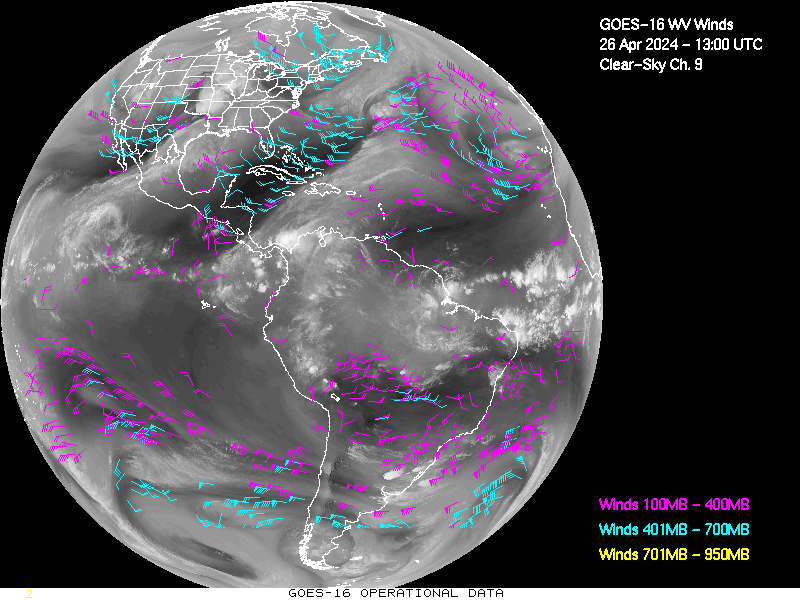 GOES-16 Clear Sky WV Channel 9 Derived Winds - Full Disk - 04/26/2024 - 1300 GMT