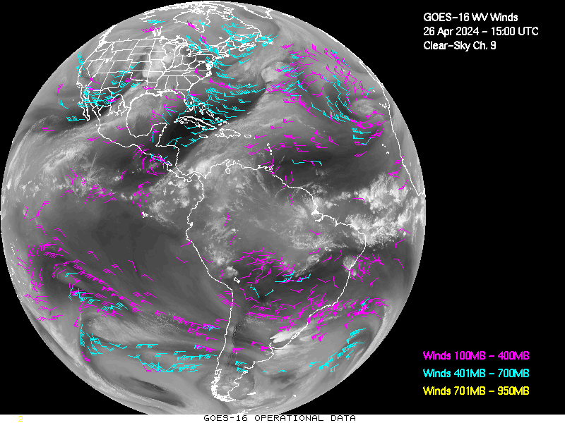 GOES-16 Clear Sky WV Channel 9 Derived Winds - Full Disk - 04/26/2024 - 1500 GMT