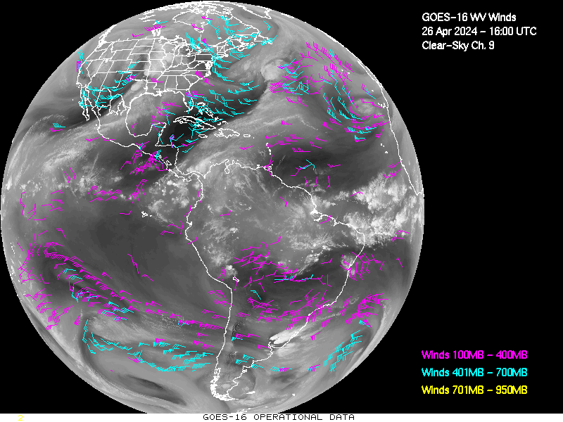 GOES-16 Clear Sky WV Channel 9 Derived Winds - Full Disk - 04/26/2024 - 1600 GMT