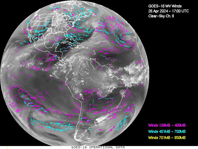 GOES-16 Clear Sky WV Channel 9 Derived Winds - Full Disk - 04/26/2024 - 1700 GMT