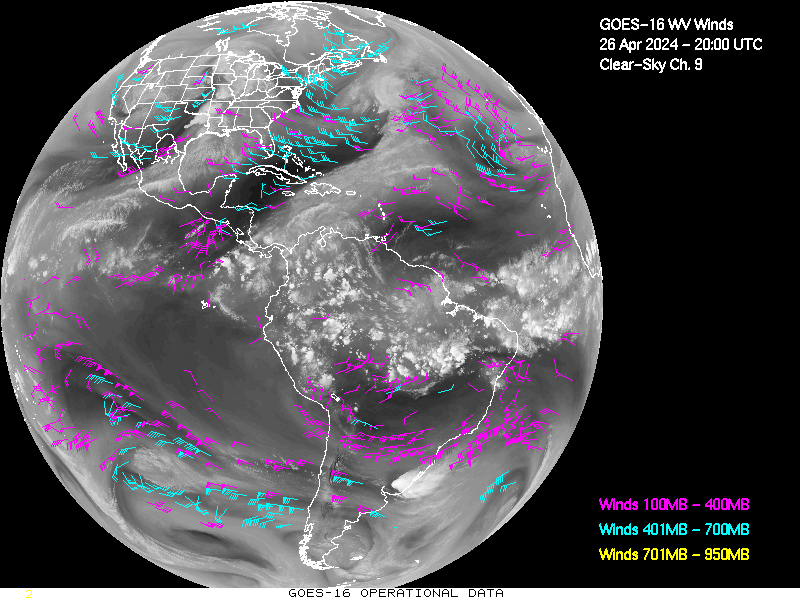 GOES-16 Clear Sky WV Channel 9 Derived Winds - Full Disk - 04/26/2024 - 2000 GMT