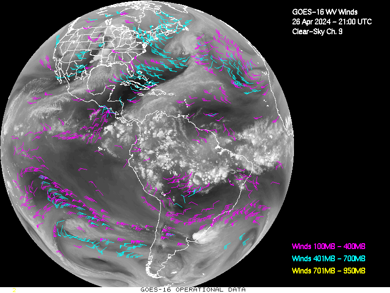 GOES-16 Clear Sky WV Channel 9 Derived Winds - Full Disk - 04/26/2024 - 2100 GMT