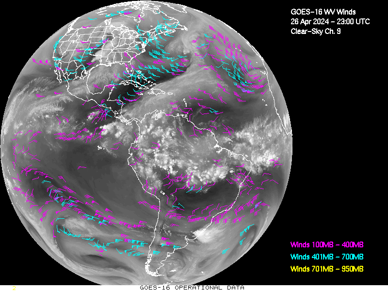 GOES-16 Clear Sky WV Channel 9 Derived Winds - Full Disk - 04/26/2024 - 2300 GMT