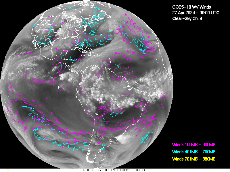 GOES-16 Clear Sky WV Channel 9 Derived Winds - Full Disk - 04/27/2024 - 0000 GMT