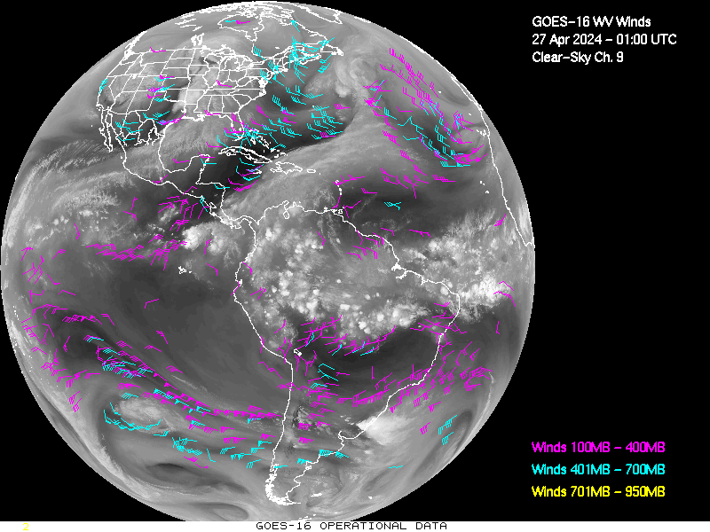GOES-16 Clear Sky WV Channel 9 Derived Winds - Full Disk - 04/27/2024 - 0100 GMT