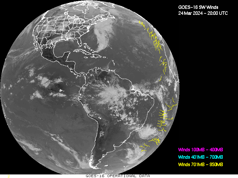 GOES-16 Short Wave Infrared Derived Winds - Full Disk - 03/24/2024 - 2000 GMT
