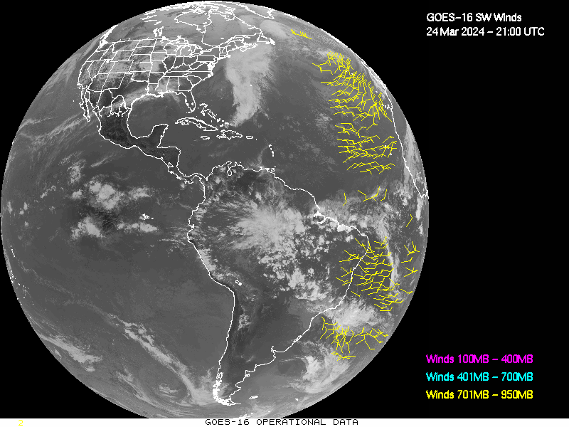 GOES-16 Short Wave Infrared Derived Winds - Full Disk - 03/24/2024 - 2100 GMT