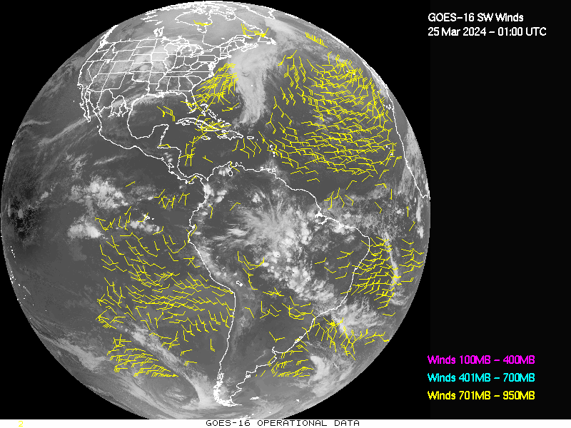 GOES-16 Short Wave Infrared Derived Winds - Full Disk - 03/25/2024 - 0100 GMT