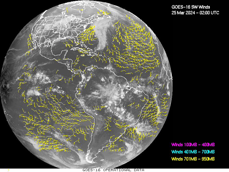 GOES-16 Short Wave Infrared Derived Winds - Full Disk - 03/25/2024 - 0200 GMT
