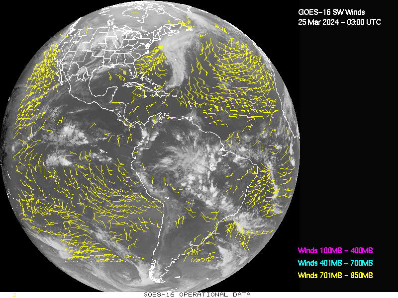 GOES-16 Short Wave Infrared Derived Winds - Full Disk - 03/25/2024 - 0300 GMT