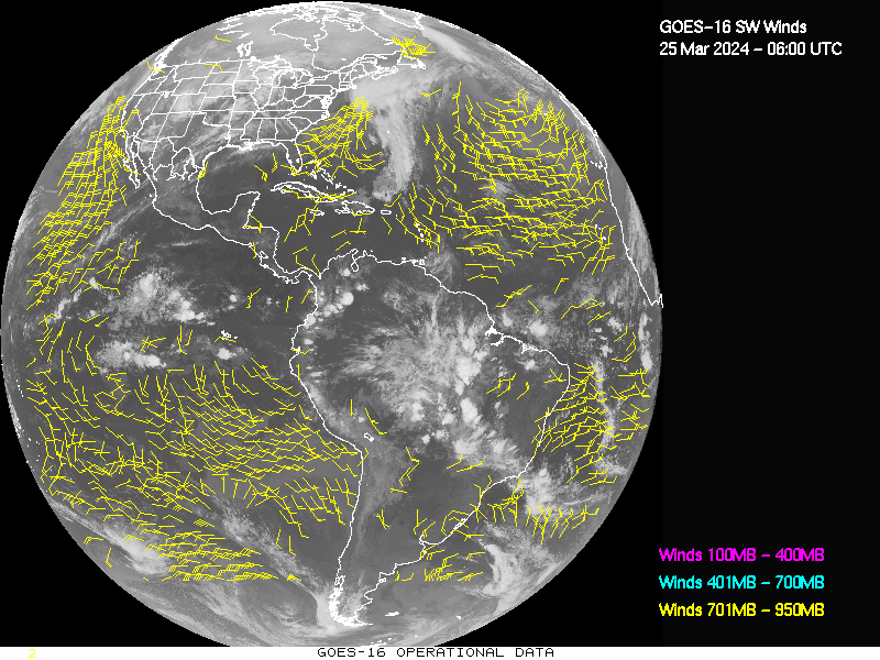 GOES-16 Short Wave Infrared Derived Winds - Full Disk - 03/25/2024 - 0600 GMT