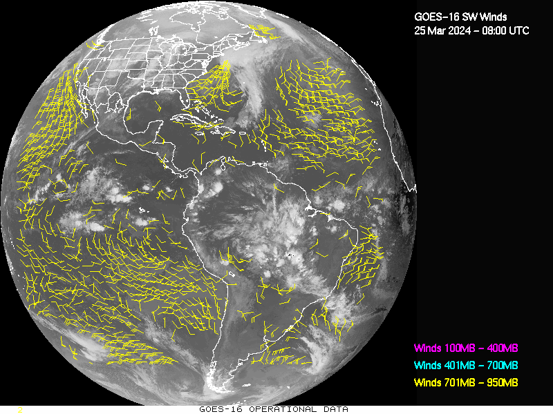 GOES-16 Short Wave Infrared Derived Winds - Full Disk - 03/25/2024 - 0800 GMT