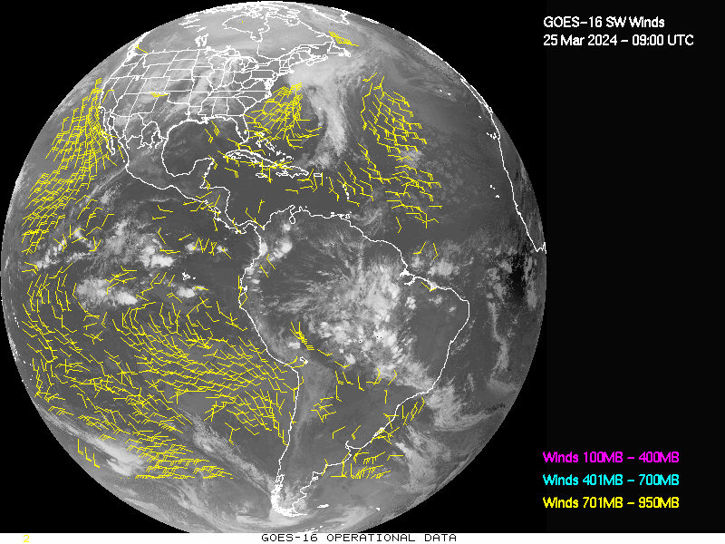 GOES-16 Short Wave Infrared Derived Winds - Full Disk - 03/25/2024 - 0900 GMT