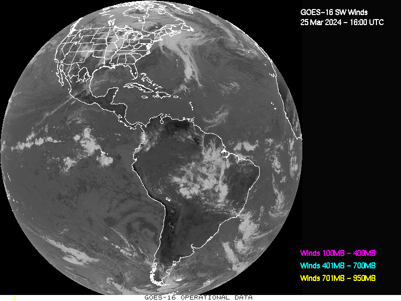 GOES-16 Short Wave Infrared Derived Winds - Full Disk - 03/25/2024 - 1600 GMT