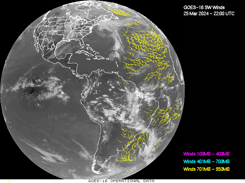 GOES-16 Short Wave Infrared Derived Winds - Full Disk - 03/25/2024 - 2200 GMT