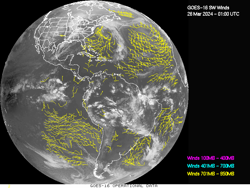 GOES-16 Short Wave Infrared Derived Winds - Full Disk - 03/26/2024 - 0100 GMT