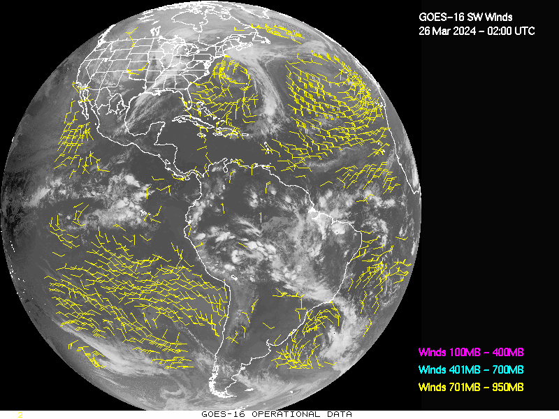 GOES-16 Short Wave Infrared Derived Winds - Full Disk - 03/26/2024 - 0200 GMT