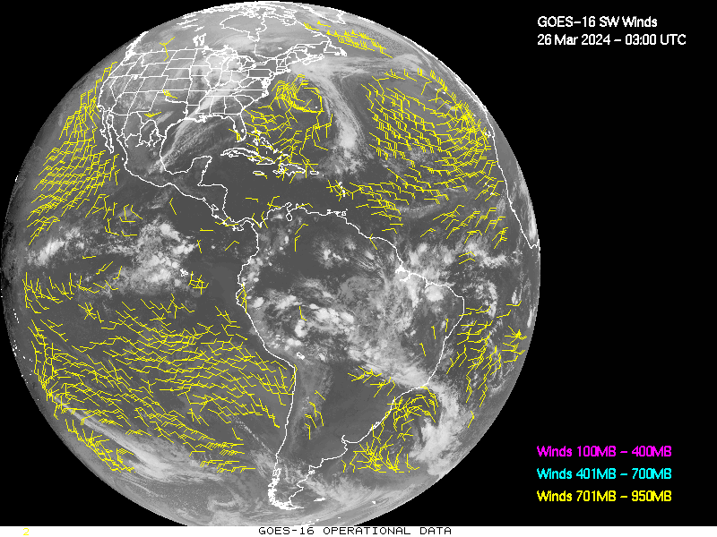 GOES-16 Short Wave Infrared Derived Winds - Full Disk - 03/26/2024 - 0300 GMT
