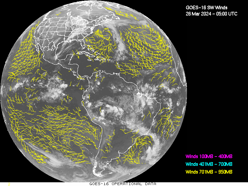 GOES-16 Short Wave Infrared Derived Winds - Full Disk - 03/26/2024 - 0500 GMT