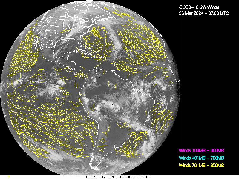 GOES-16 Short Wave Infrared Derived Winds - Full Disk - 03/26/2024 - 0700 GMT