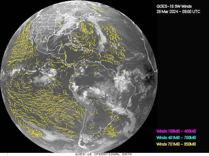 GOES-16 Short Wave Infrared Derived Winds - Full Disk - 03/26/2024 - 0900 GMT