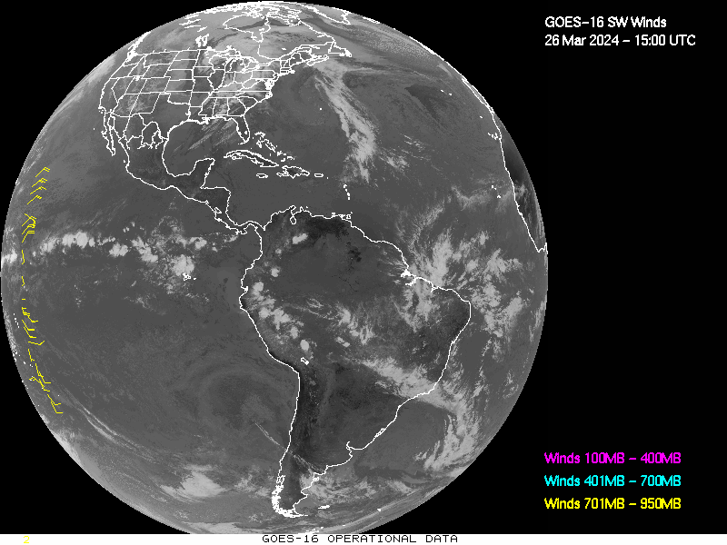 GOES-16 Short Wave Infrared Derived Winds - Full Disk - 03/26/2024 - 1500 GMT