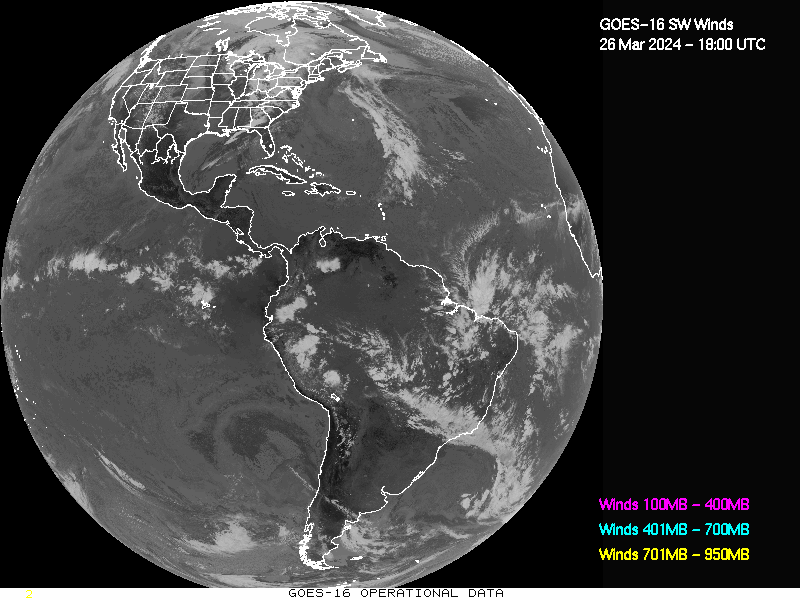 GOES-16 Short Wave Infrared Derived Winds - Full Disk - 03/26/2024 - 1800 GMT