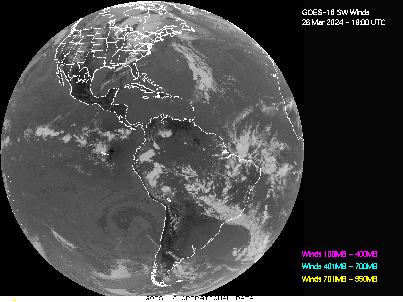 GOES-16 Short Wave Infrared Derived Winds - Full Disk - 03/26/2024 - 1900 GMT