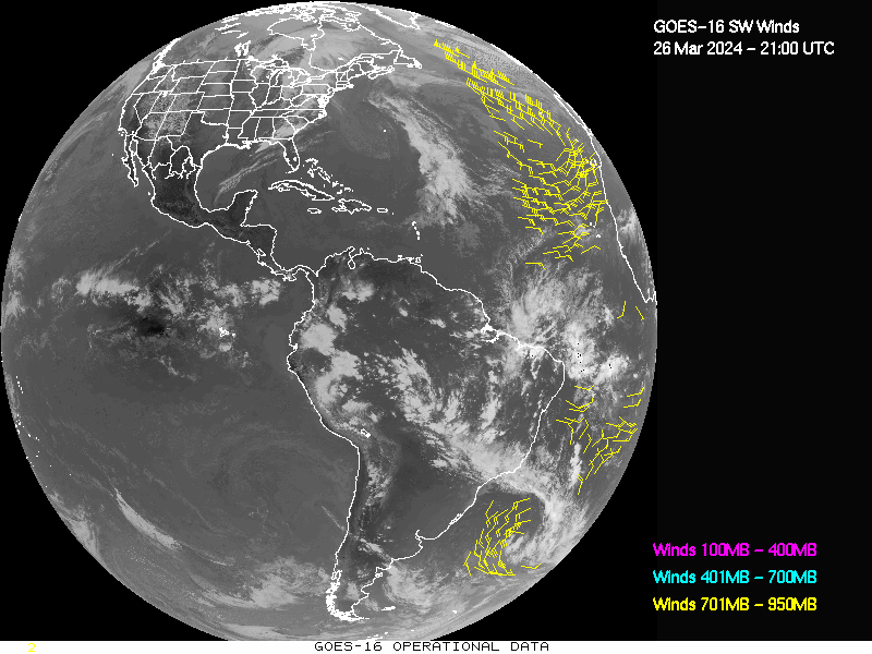 GOES-16 Short Wave Infrared Derived Winds - Full Disk - 03/26/2024 - 2100 GMT