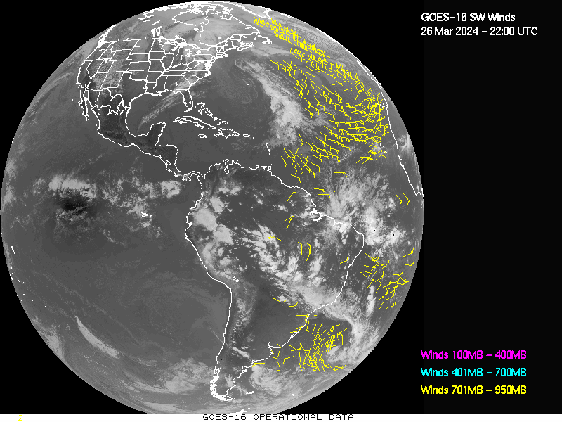 GOES-16 Short Wave Infrared Derived Winds - Full Disk - 03/26/2024 - 2200 GMT