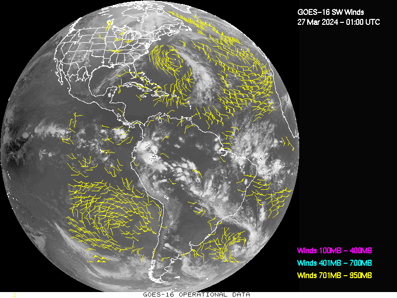 GOES-16 Short Wave Infrared Derived Winds - Full Disk - 03/27/2024 - 0100 GMT