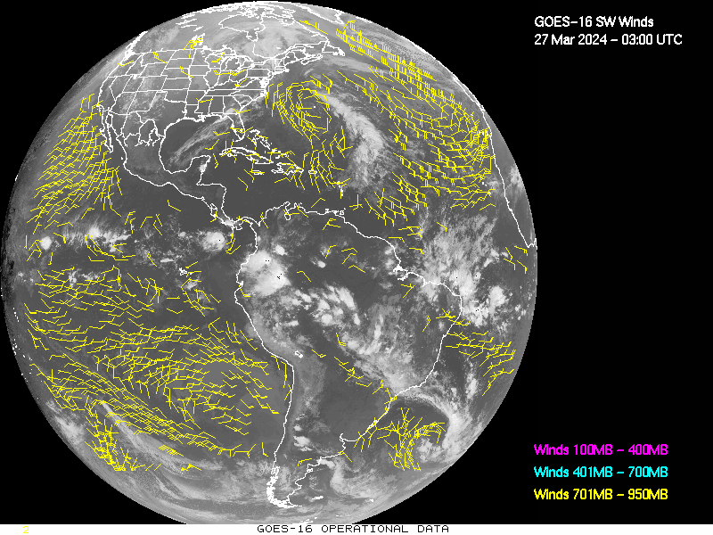 GOES-16 Short Wave Infrared Derived Winds - Full Disk - 03/27/2024 - 0300 GMT