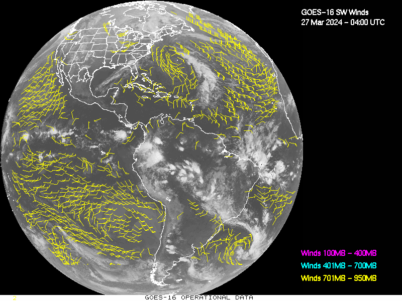 GOES-16 Short Wave Infrared Derived Winds - Full Disk - 03/27/2024 - 0400 GMT
