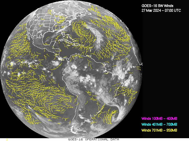 GOES-16 Short Wave Infrared Derived Winds - Full Disk - 03/27/2024 - 0700 GMT