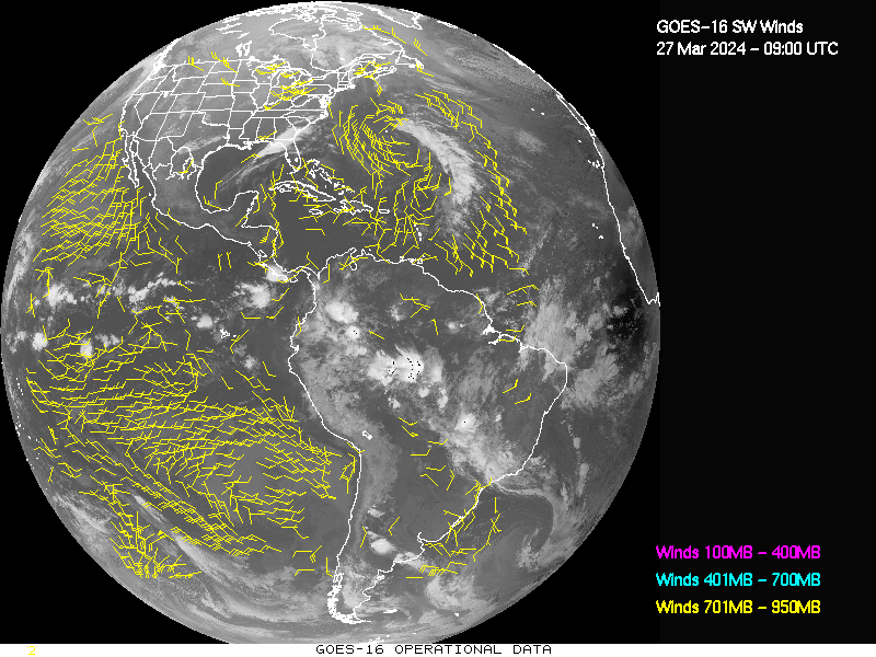 GOES-16 Short Wave Infrared Derived Winds - Full Disk - 03/27/2024 - 0900 GMT