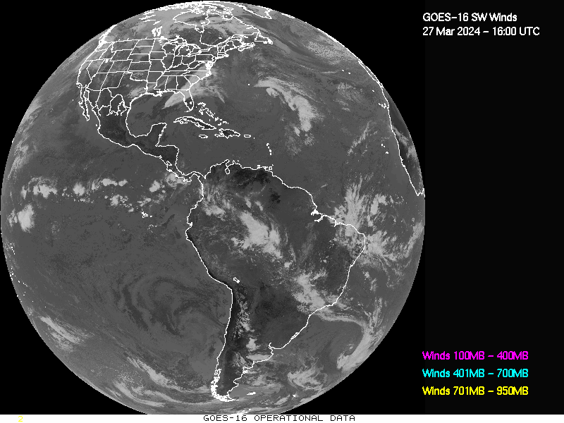 GOES-16 Short Wave Infrared Derived Winds - Full Disk - 03/27/2024 - 1600 GMT