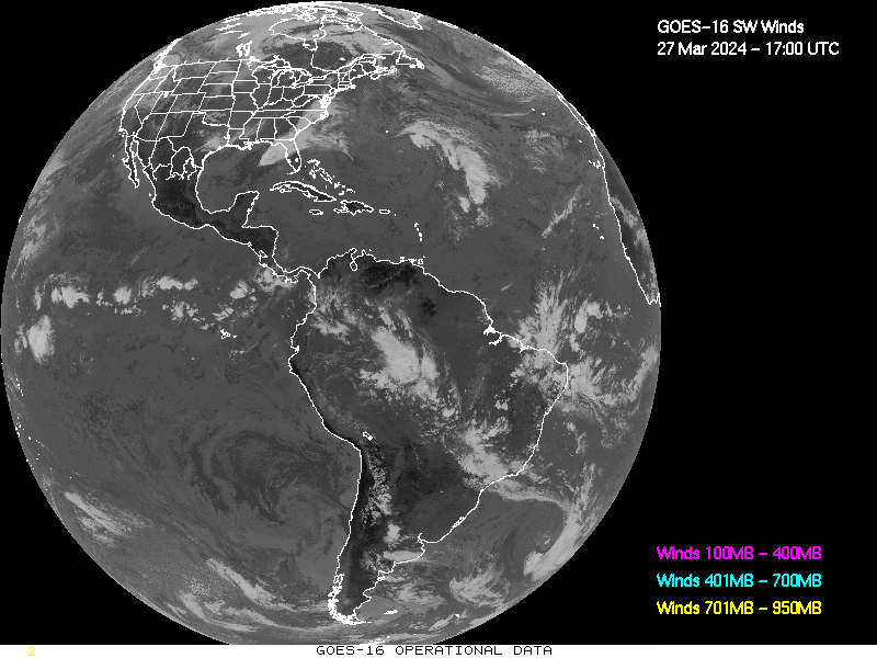 GOES-16 Short Wave Infrared Derived Winds - Full Disk - 03/27/2024 - 1700 GMT