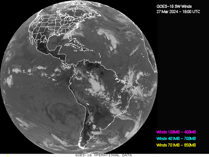 GOES-16 Short Wave Infrared Derived Winds - Full Disk - 03/27/2024 - 1800 GMT